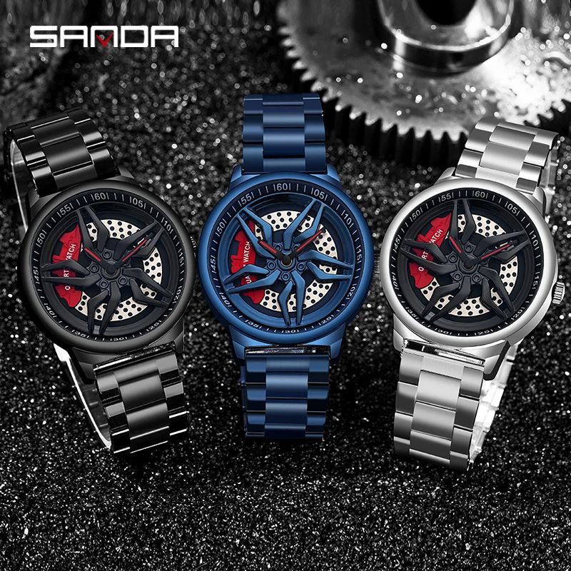 Imagem -02 - Sanda-mens Stainless Steel Ver Rotating Dial Car Rim Wheel Shaped Movimento Quartz Premium Novo Hot Sell 1062