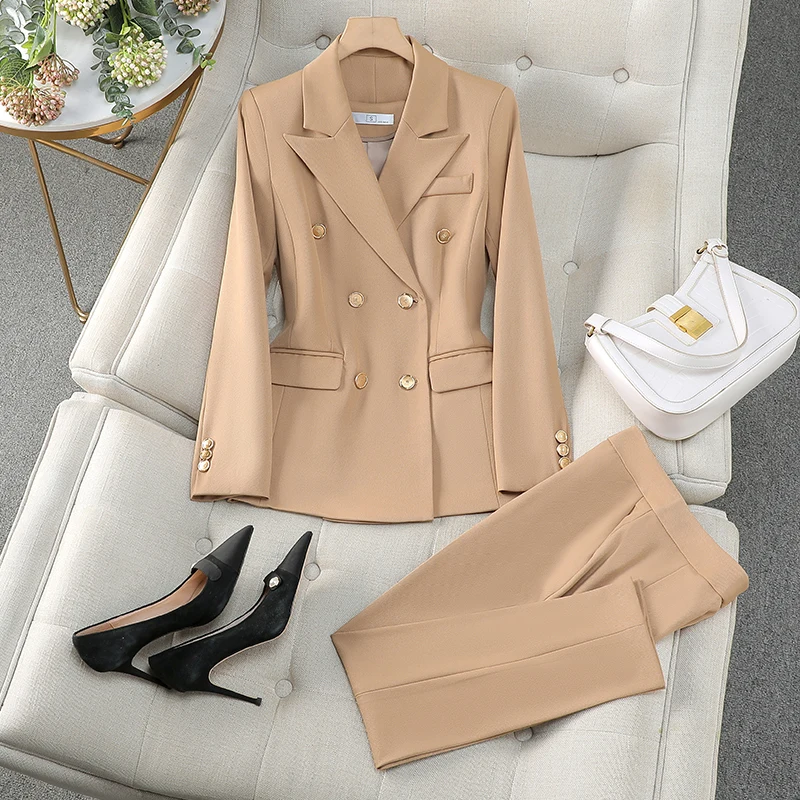 ZJYT Elegant Women\'s Blazer Pants Sets Autumn Fashion Double Breasted Jacket Trousers Suit Office Lady Work Outfit Matching Set