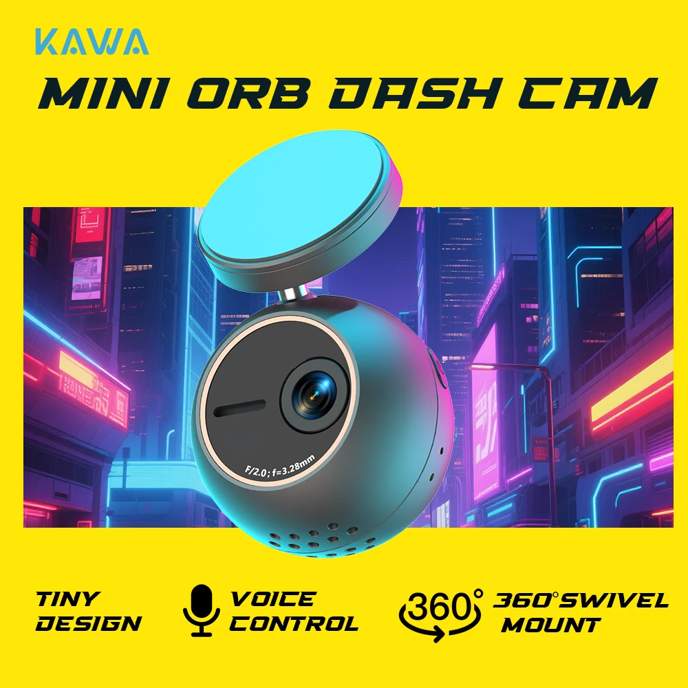 Dash Cam KAWA MINI ORB Tiny Videorecorder 2K Auto DVR, Spraakbesturing Autocamera, 360 °   Draaien,180 °   Video Flip AUTO Dash Camera