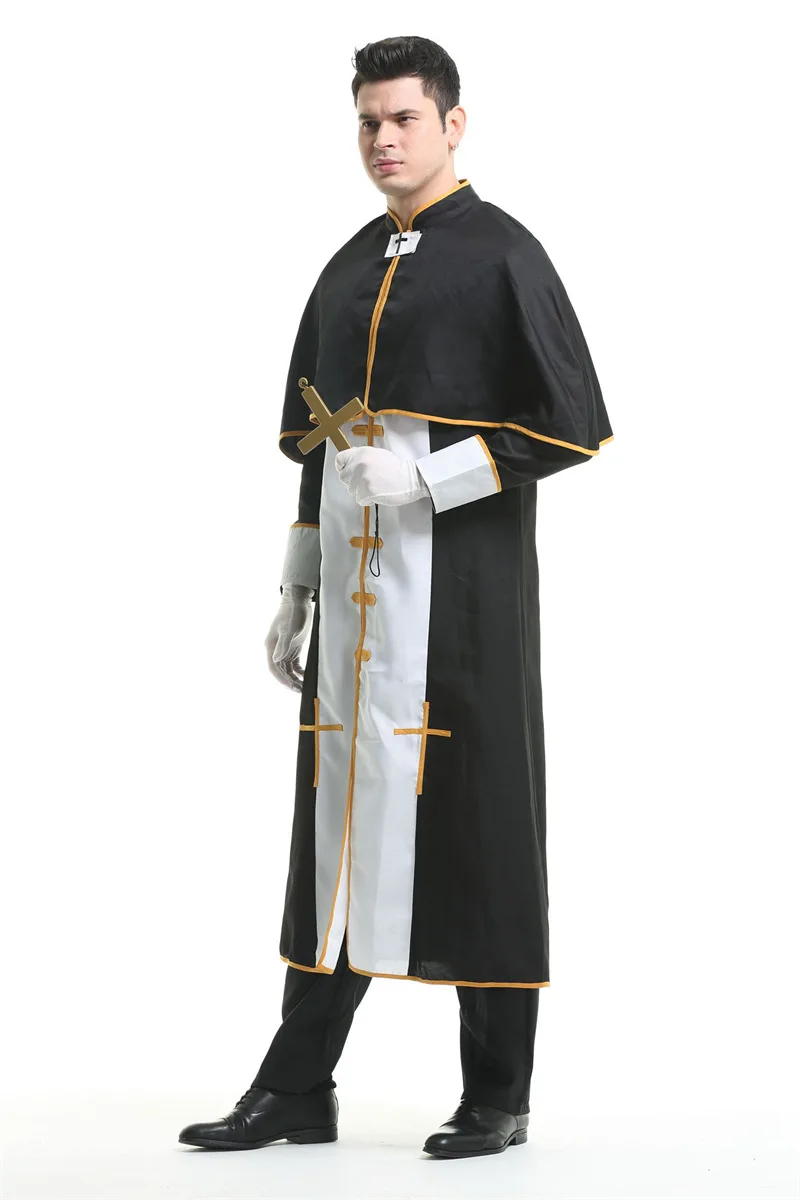 Traje de festa de Halloween para adulto, robe preto, pai medieval, roupas monge