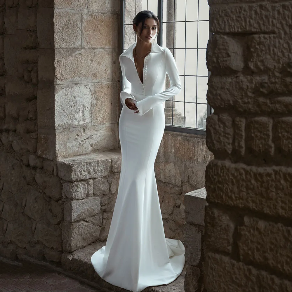 

Morden Simple Mermaid Wedding Dresses Brides Elegant Long Sleeves Sweet Train Sexy V-Neck Buttons Bridal Gown 2025 Customized