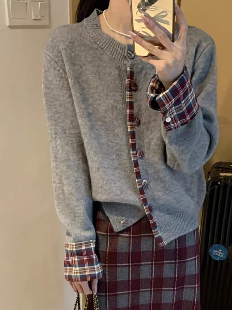 

Loose Knitted Plaid Sweater Women's round Ne Two-Piece Fake Cheered Spring Autumn Winter New Sle Korean Sle Coat