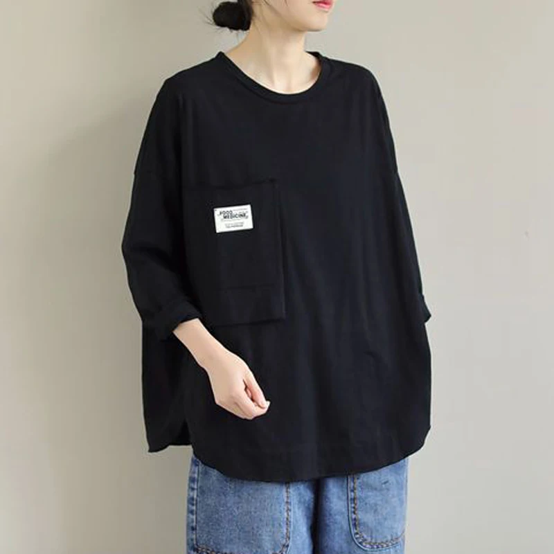 Spring Autumn Korean Simple Style Applique Pocket Solid Oversize T Shirt Women Casual O Neck Long Sleeve Top Female Clothing2023