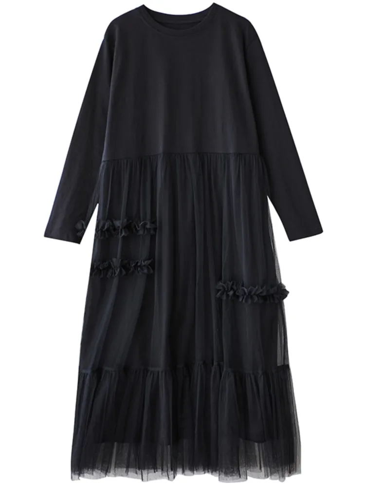 Oversized lente herfst jurk dames mesh patchwork geplooide mode dames lange jurken casual losse vrouw lange mouw jurk