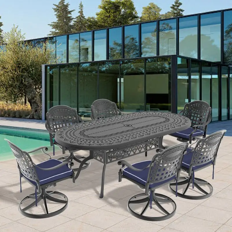 7-Pc All-Weather Cast Aluminum Dining Set with 6 Swivel Chairs & Oval Table, Black Frame