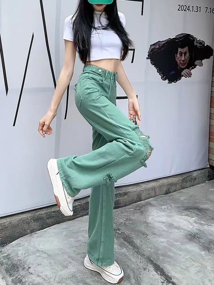 Ripped Trousers Straight Leg Women\'s with Holes Jeans Cowboy Pants for Woman Torn Green High Waist Shot 2025 Korean Style Unique