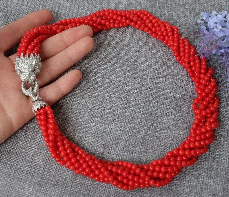 

Mode 8 strands rond rouge perles de corail collier avec zircon leopard / cheetah fermoir