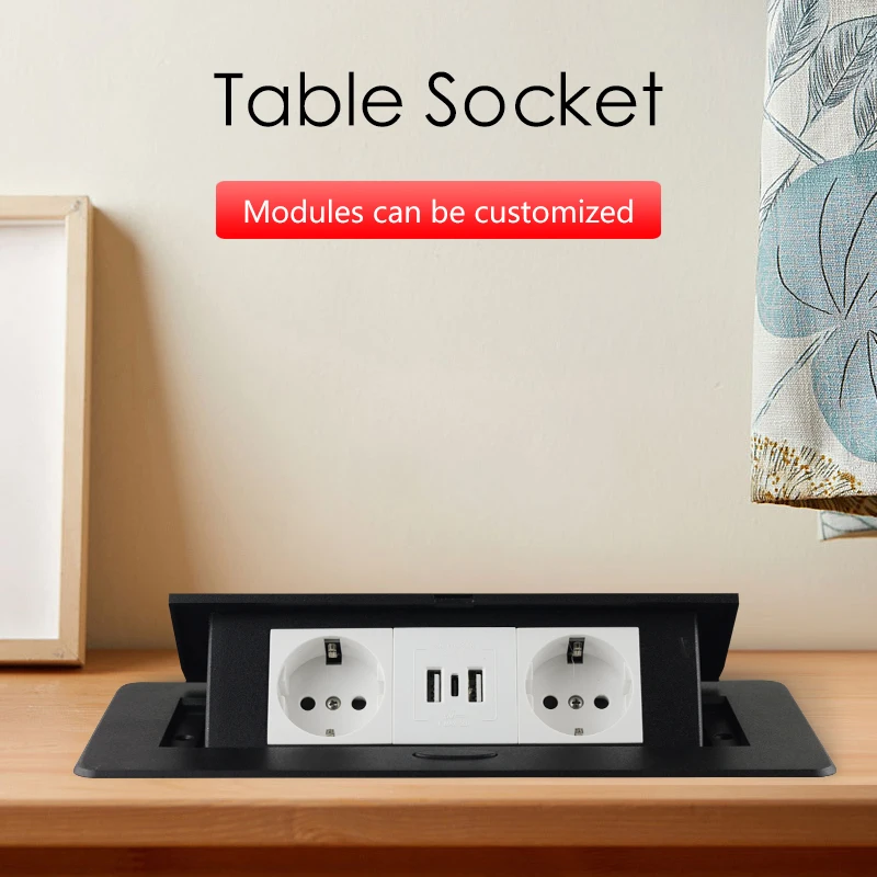 EU Hidden PoP Up Table Socket Desktop 2 3 Outlet with USB Office Kitchen Cabinet Desktop Aluminum Frame Power Electrical Sockets