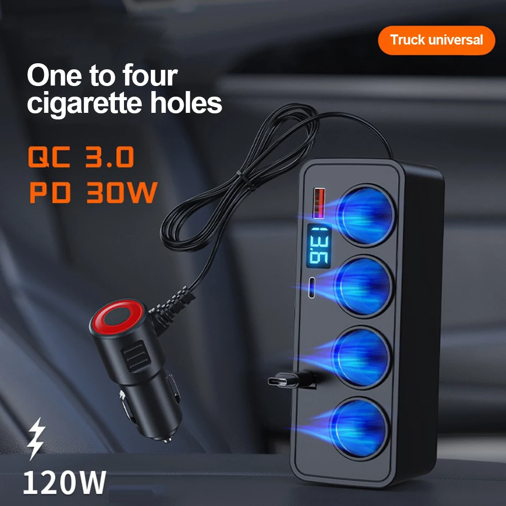 120W Car Charger Splitter Multi Ports PD30W QC3.0 Cigarette Lighter Adapter Car Cigarette Lighter Socket Splitter with Voltage