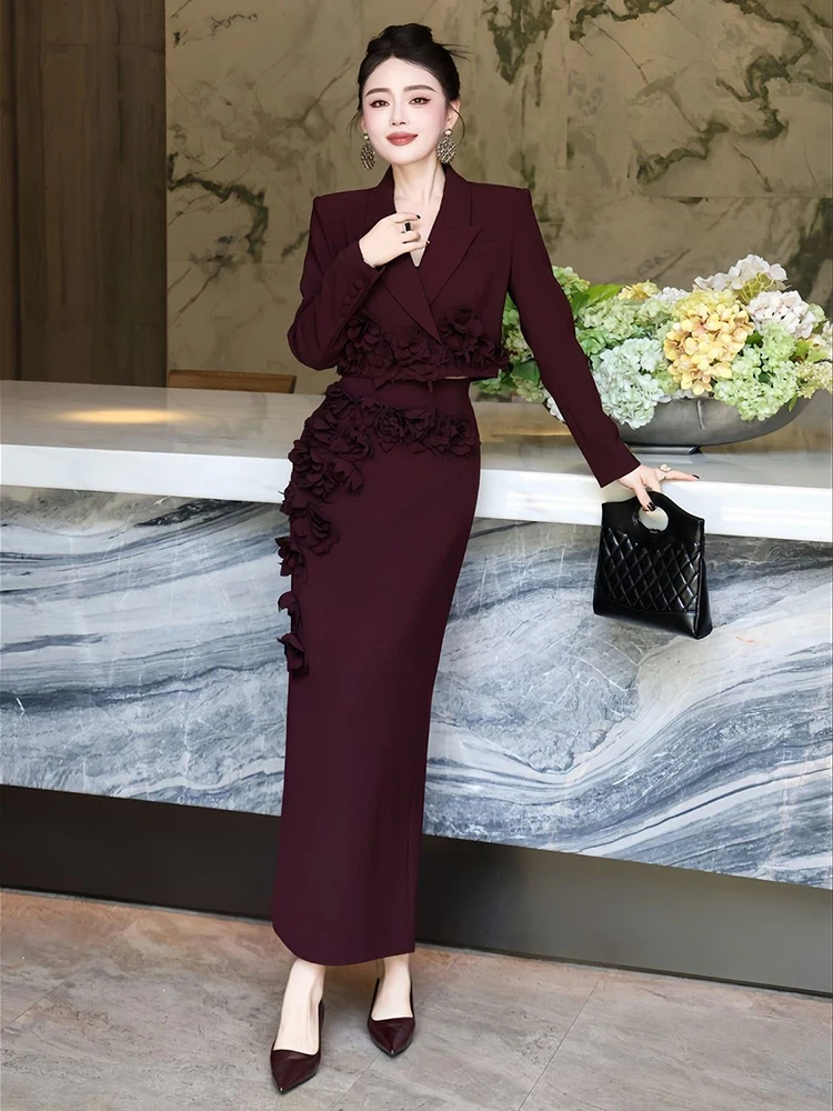 

Темпераментный новый легкий роскошный профессиональный комплект, осенний костюм для тяжелой промышленности, трехмерный костюм с цветком, пальто + полуюбка