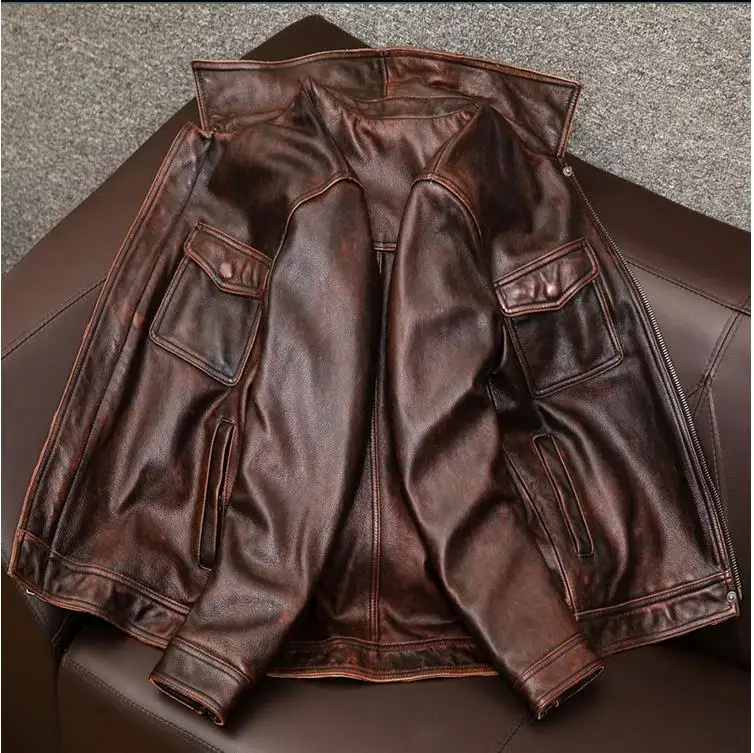 YR!Free shipping.Asian size vintage cowhide coat.Men slim fit casual natural leather jacket.father leather cloth.Buen cuero 6XL