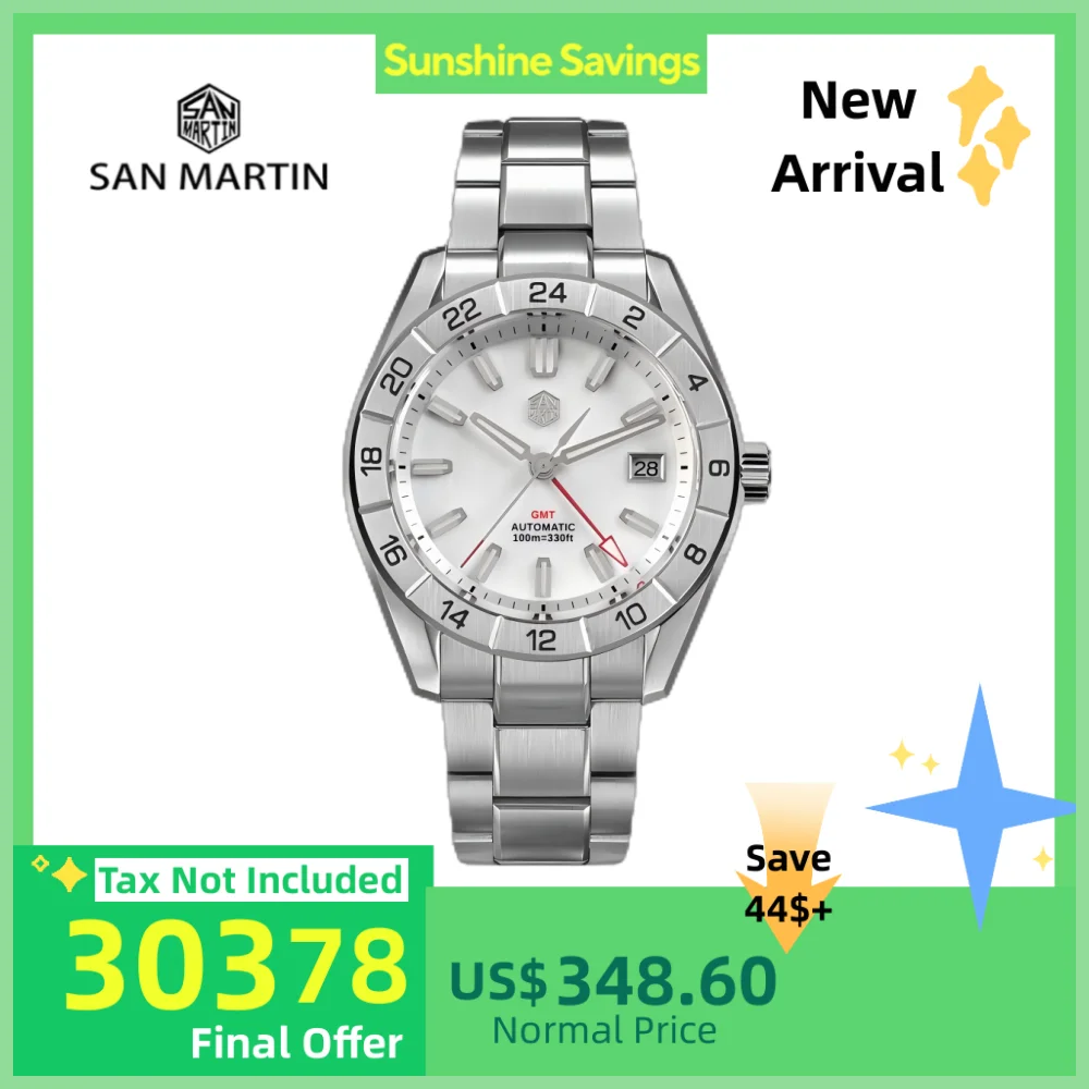 

San Martin 42mm Men Watch NH34 GMT Natural MOP Dial 3H Date Swim Automatic Sapphire BGW-X1 Blue Luminous Dress Reloj SN0130