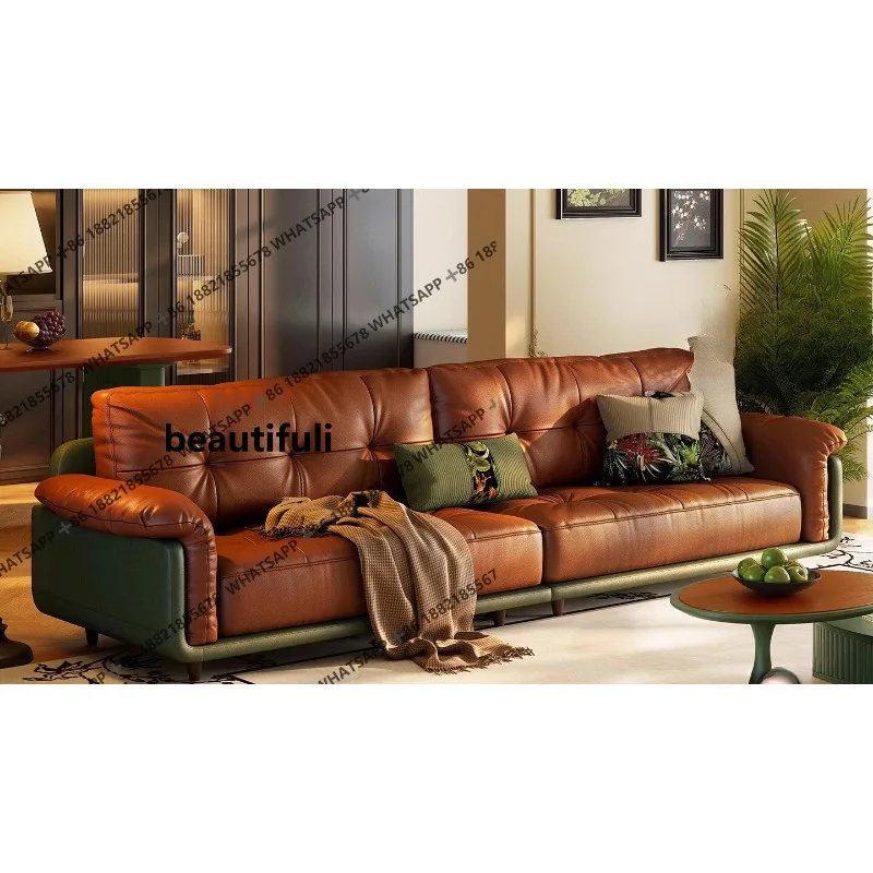 CC182 French retro leather straight row living room three-person medium and ancient style first-layer cowhide sofa