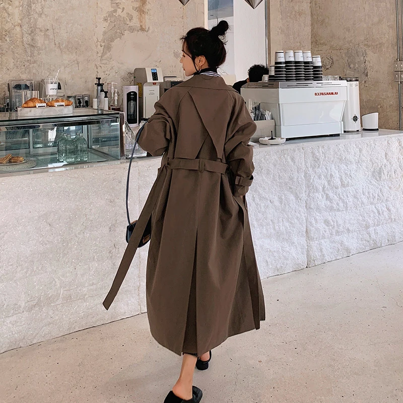 Fashion Coffee-colored Long  Trench Coat Women's Clothing 2022 Spring Autumn New Korean Waist Windbreaker Coats jp322