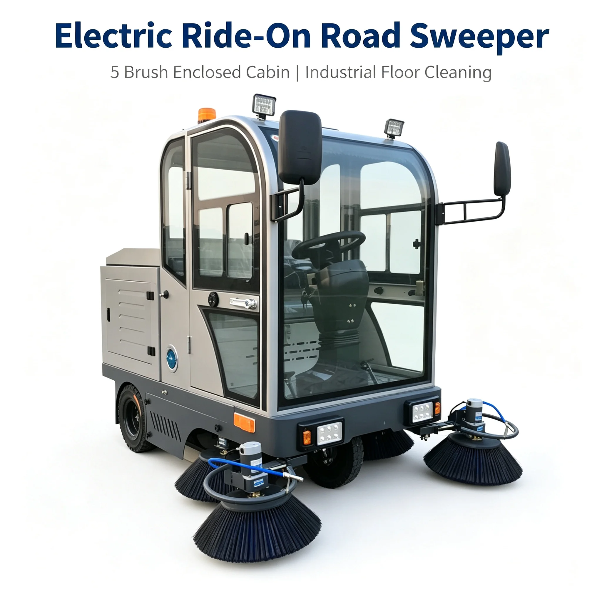 Enclosed Cabin Electric Street Sweeper 5 Brushes 48V Battery Ride on Road Cleaning Machine with 80L Water Tank 1900mm Sweeper