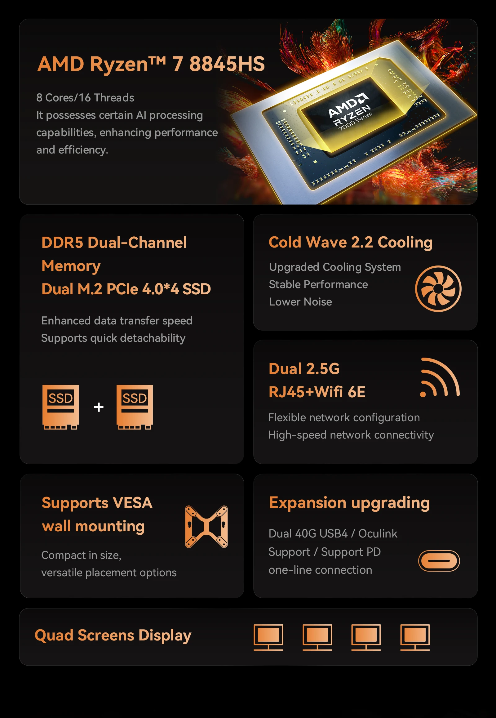 MINISFORUM Oculink 미니 PC 게이머 컴퓨터, UM890 UM880 Pro Ryzen 9 8945HS Ryzen 7 8845HS 미니 PC DDR5 32GB 1TB PCIe SSD 2*2.5G