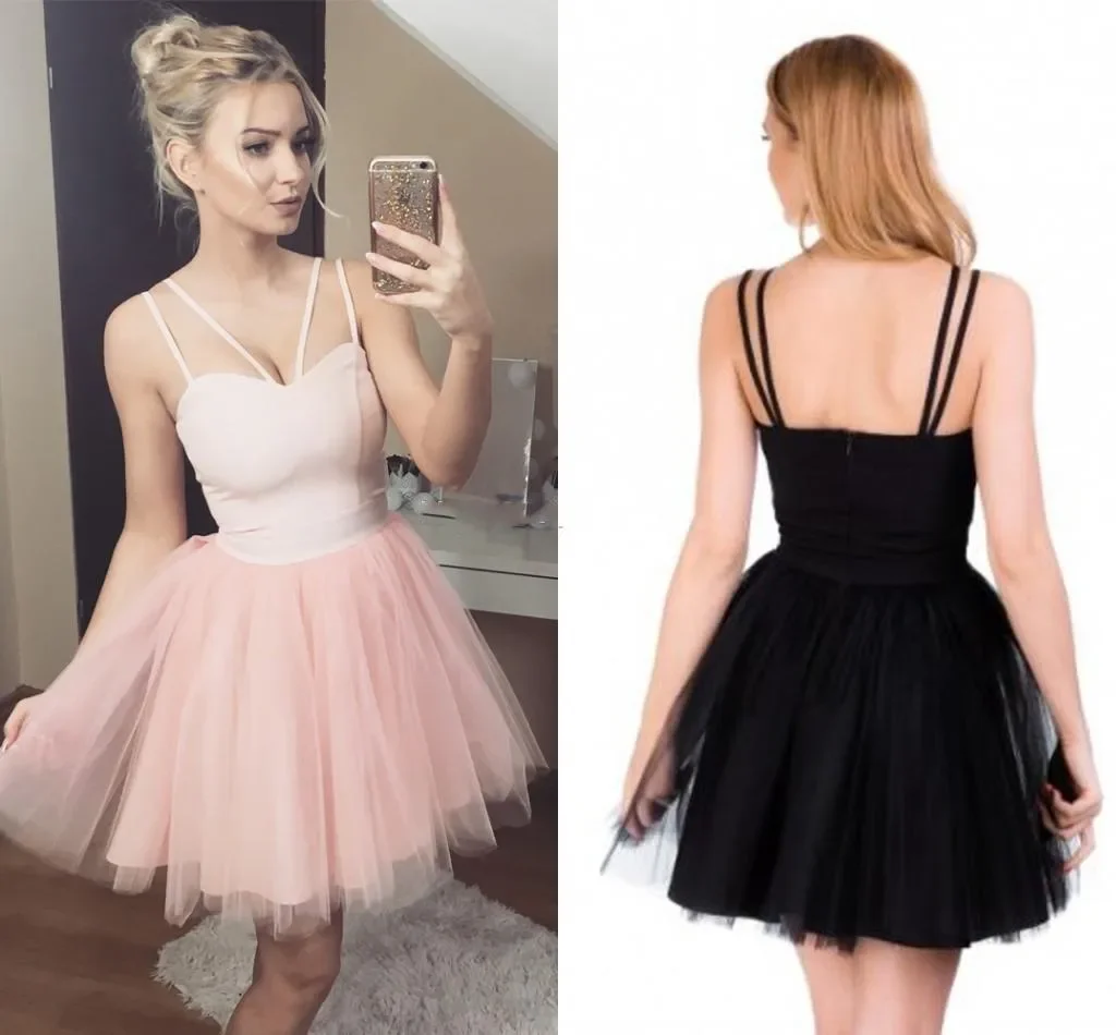 SCHillerndes A-Linien-Abschlussballkleid mit süßem rosa Tüll, kurzes Heimkehrkleid, herzförmiger Spaghetti, sexy Abendkleid, rückenfrei, Party-Cocktail