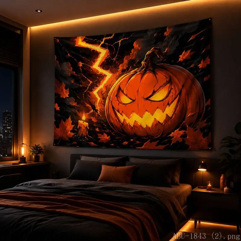 Halloween Tapestry Pumpkin Maple Leaf Lightning Moon Print Bedroom Living Room Holiday Party Wall Hanging Backdrop Decor Cloth