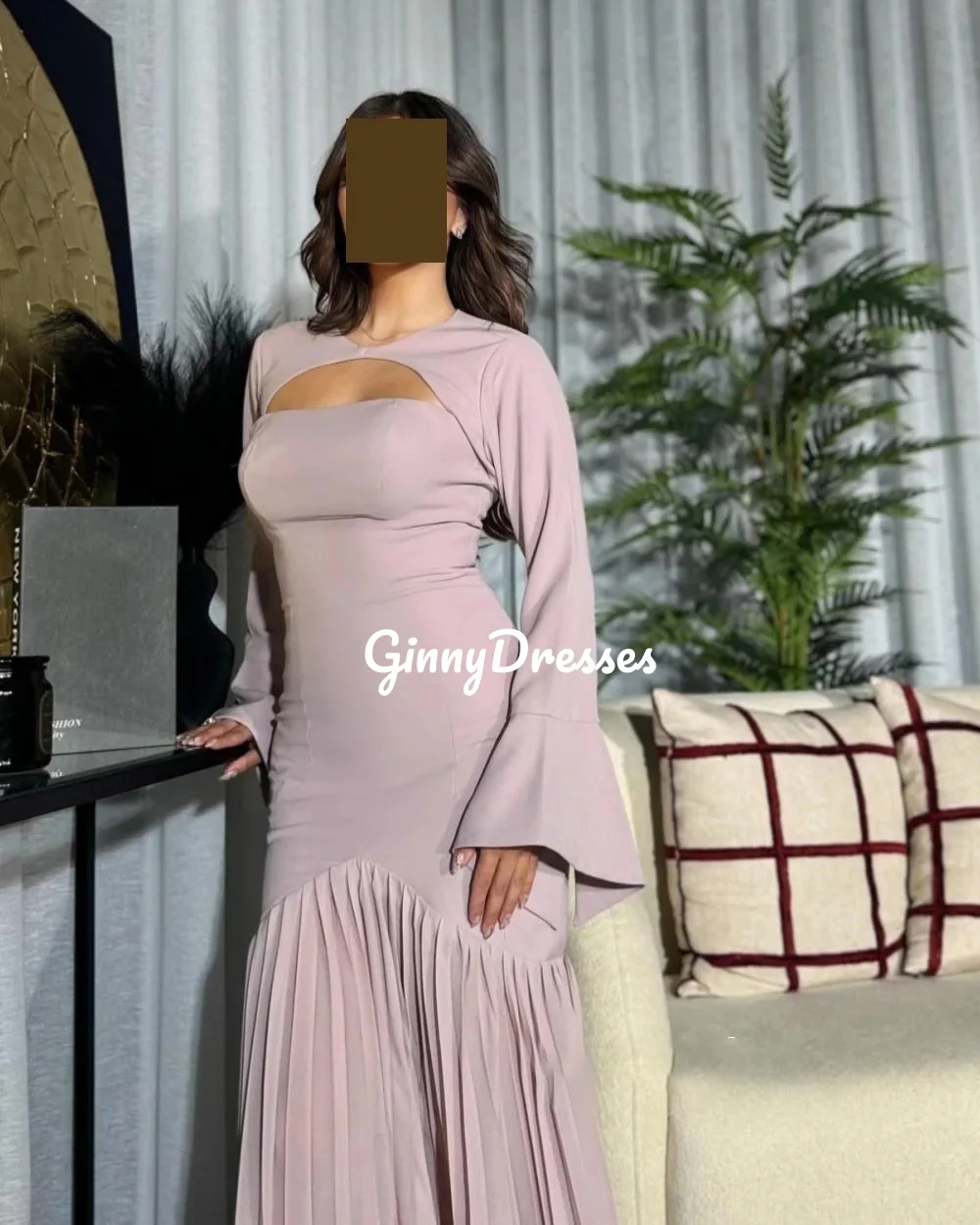 Customized Wedding Dress Pink A-Line Scoop Neckline Floor-Length Formal Occasion Dresses Ruffle Zipper Up Long Sleeves فساتين سه