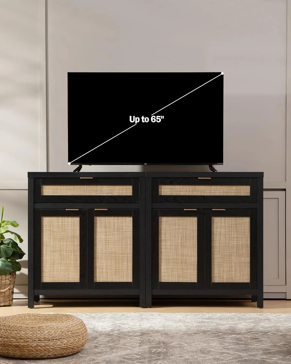 Sicotas Sideboard Buffet Storage Cabinet Set Of 3, Rattan Credenza Buffet Table, Modern Console Accent Cabinet With Doors And