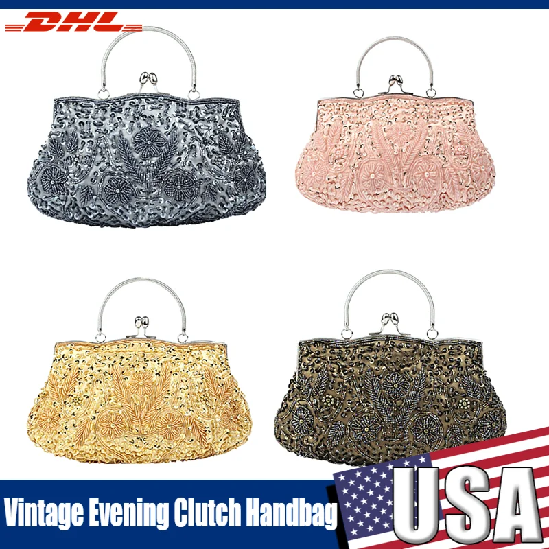 

Classic Evening Clutch Bag For Women Vintage Handbag Purse Sequins Beaded Lady Crossbody Shoulder Bag For Party Prom Wedding