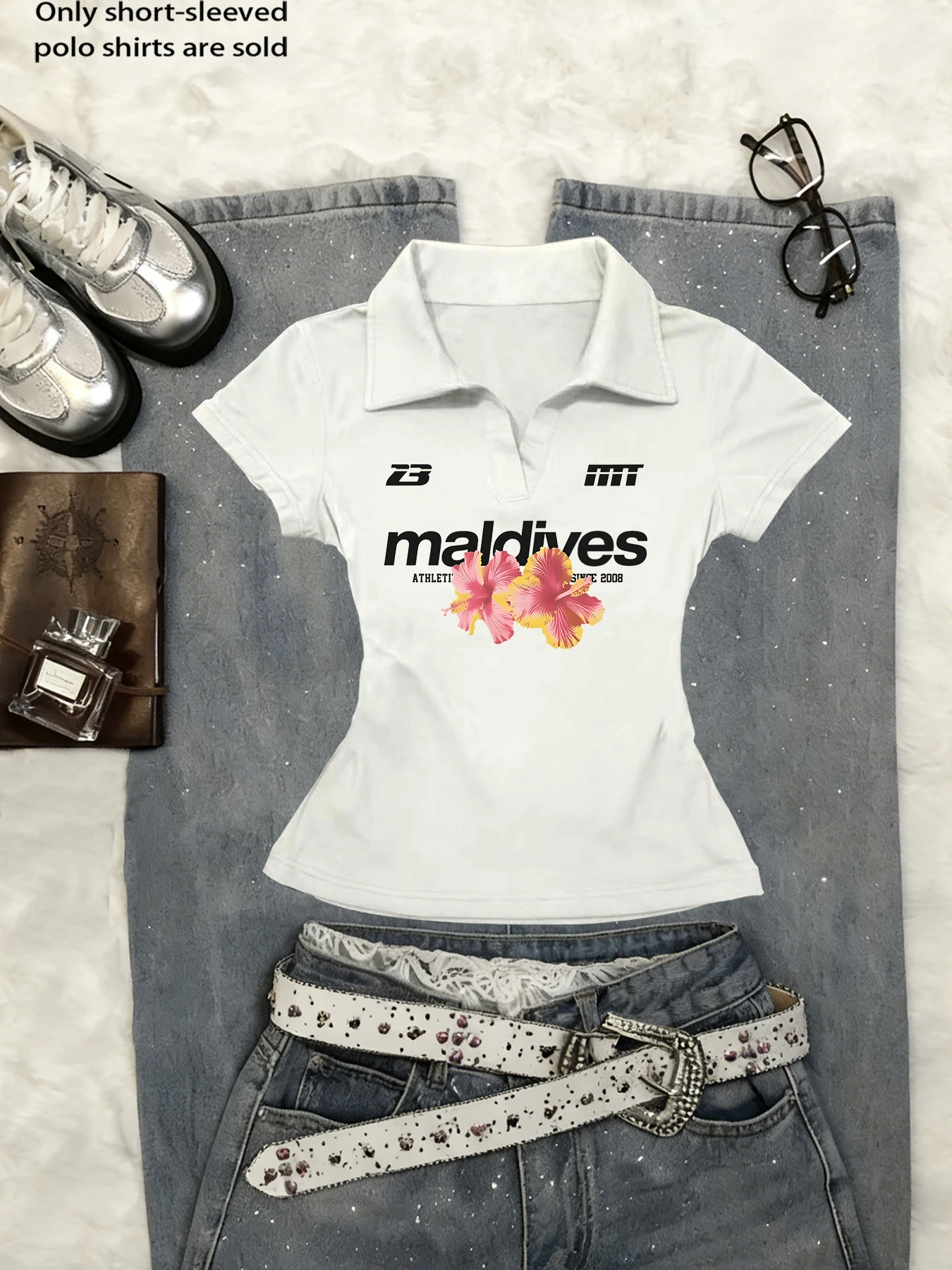 Women's short-sleeved T-shirt slim-fit polo-neck basic casual top