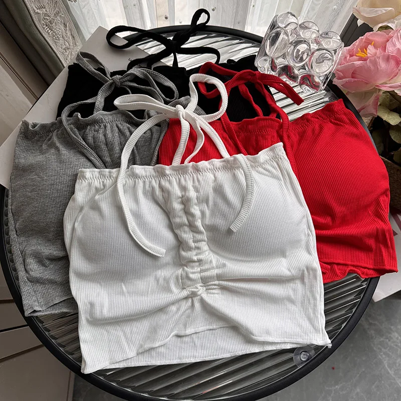 Halterneck Tube Top With Chest Pad Hottie Streetwear Lace-up Solid Color Short Style Sweet And Spicy Summer Versatile Base Top