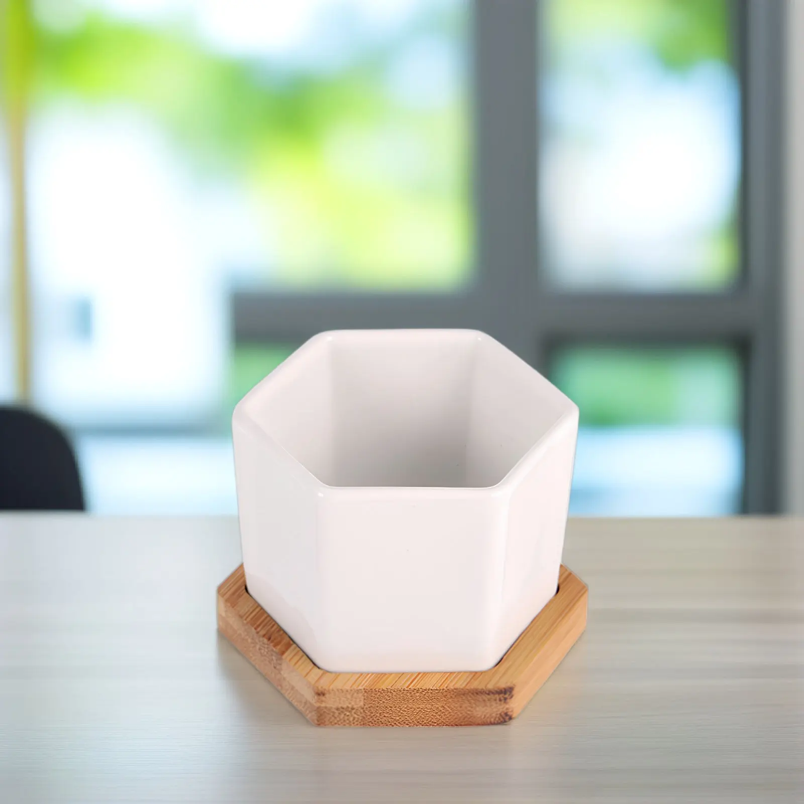 12Pcs Small Succulent Pots Ceramic Planter Set with Bamboo Catch Trays for Healthy Root Growth Desktop Windowsill Kitchen Decor