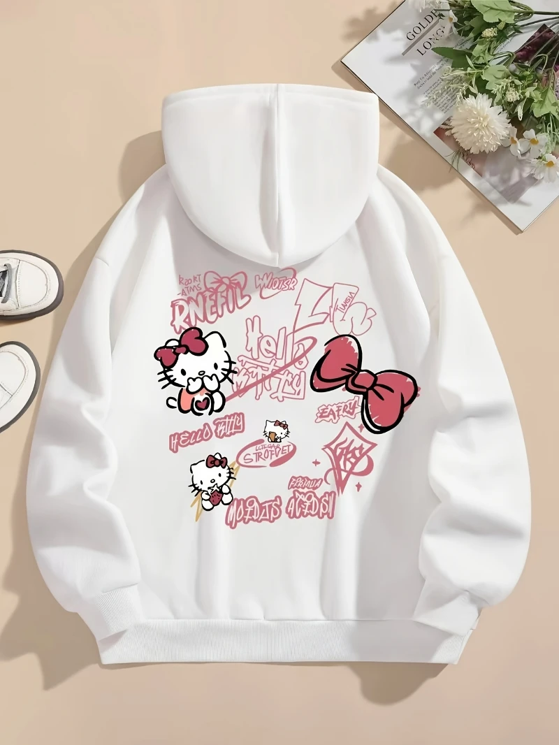 

Sanrio Women's Autumn/Winter Cartoon Hello Kitty Print Two-Stripe Contrast Color Long Sleeve Hooded Sweatshirt