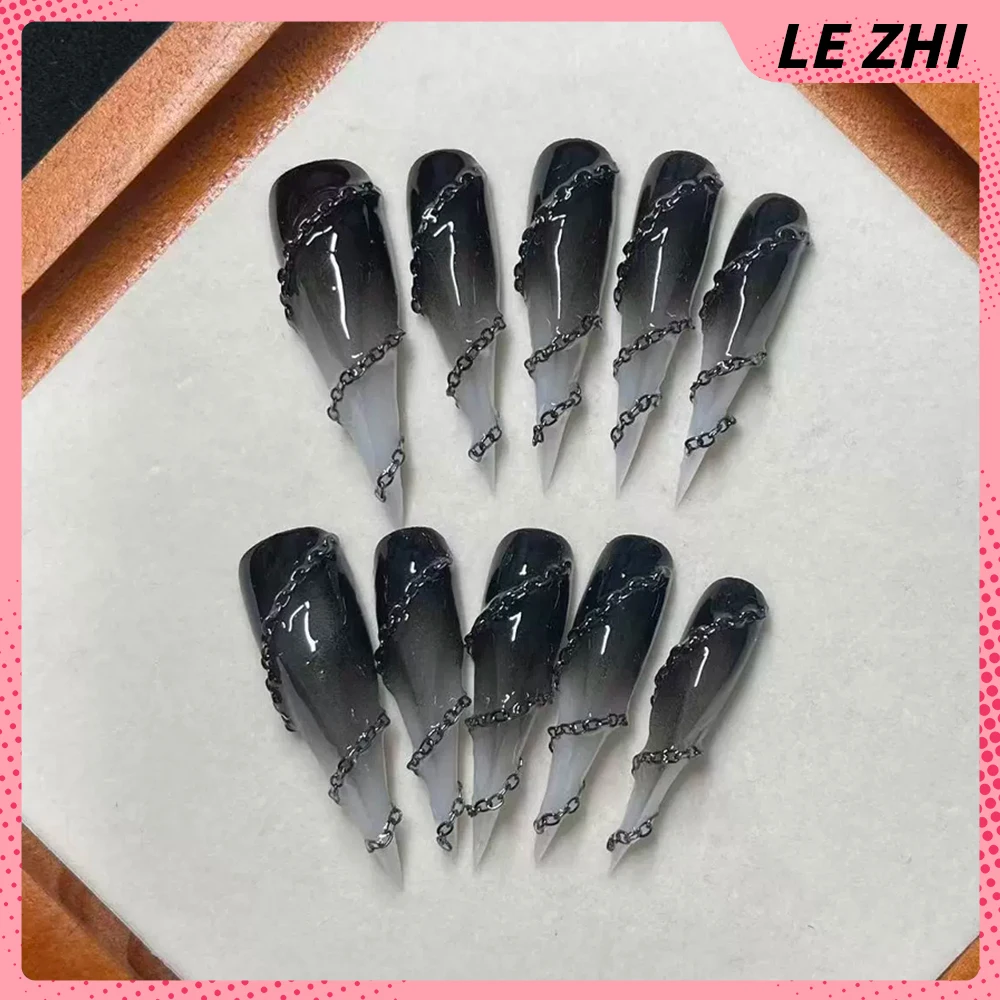 Europe America Spicy Girl Long Beast Claw Handmade Wearable Press On Nail Metal Chain Rivets Diamond Sequins Gradients Fake Nail