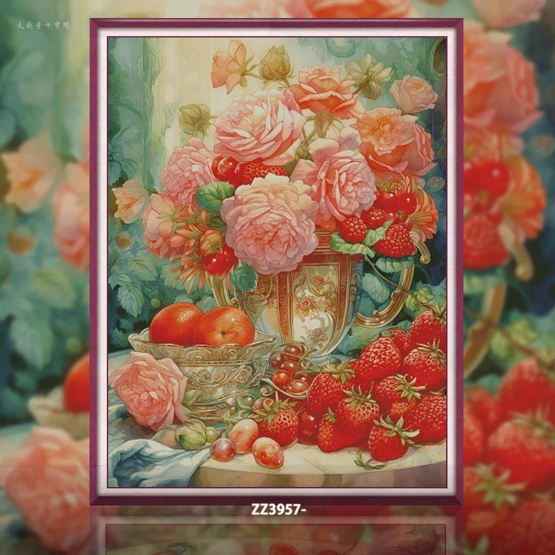 Stamped Cross Stitch Kit 14CT 16CT Pre Printed Canvas Cotton Threads DIY Embroidery for Home Wall Decor[ZZ3957-Berry Fragrance]