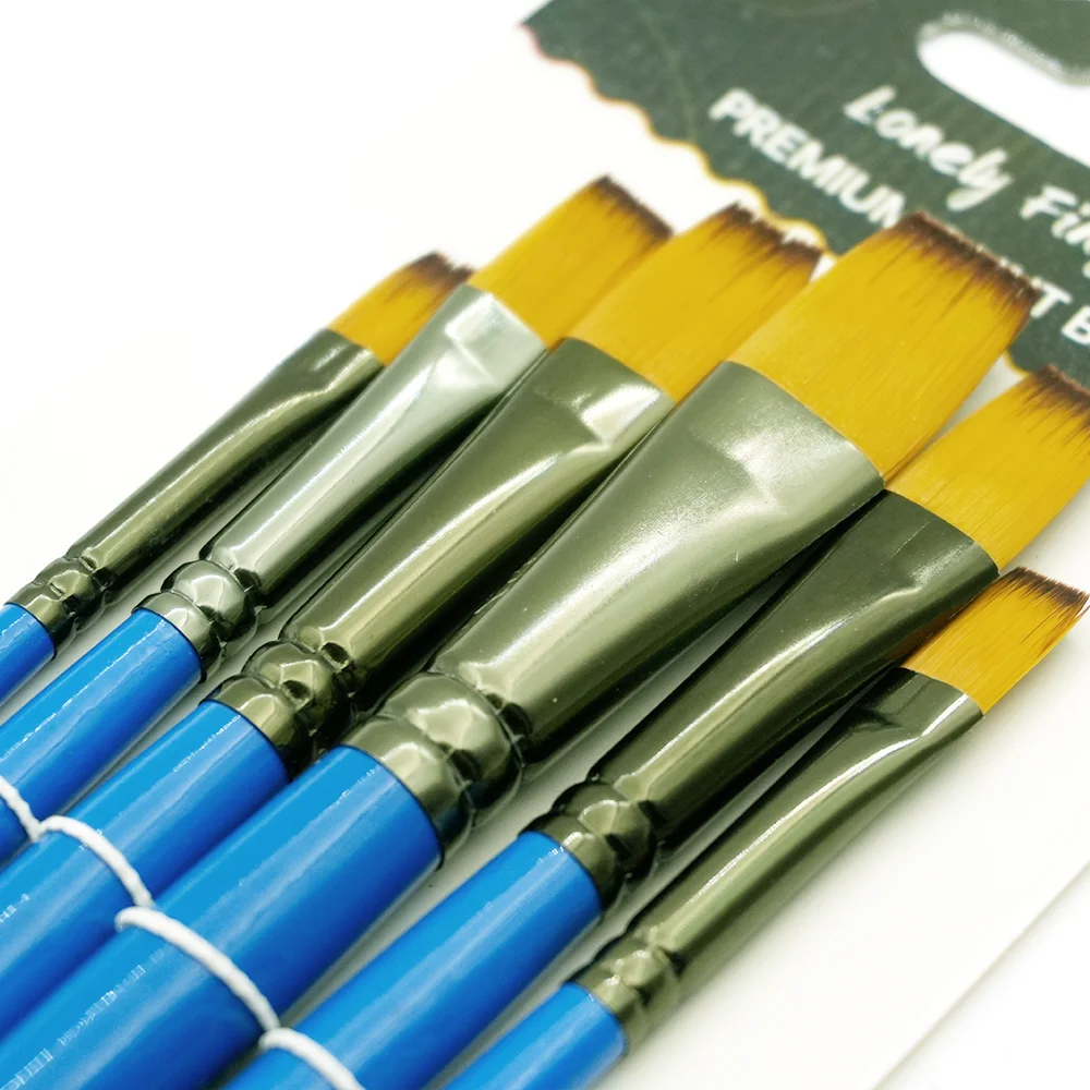 6Pcs Premium Nylon Flat Paint Brushes Blue Silver Wood Handle Watercolor Acrylic Oil Gouache Student Artist Painting Supply