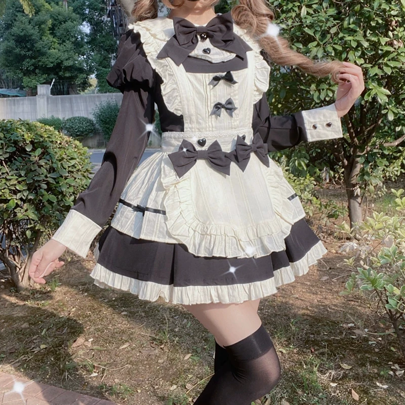 RORORIRI-vestido de princesa con lazo Kawaii para mujer, conjunto de 2 piezas de manga larga, falda envolvente de dos tonos, minivestido superpuesto, ropa de otoño Lolita