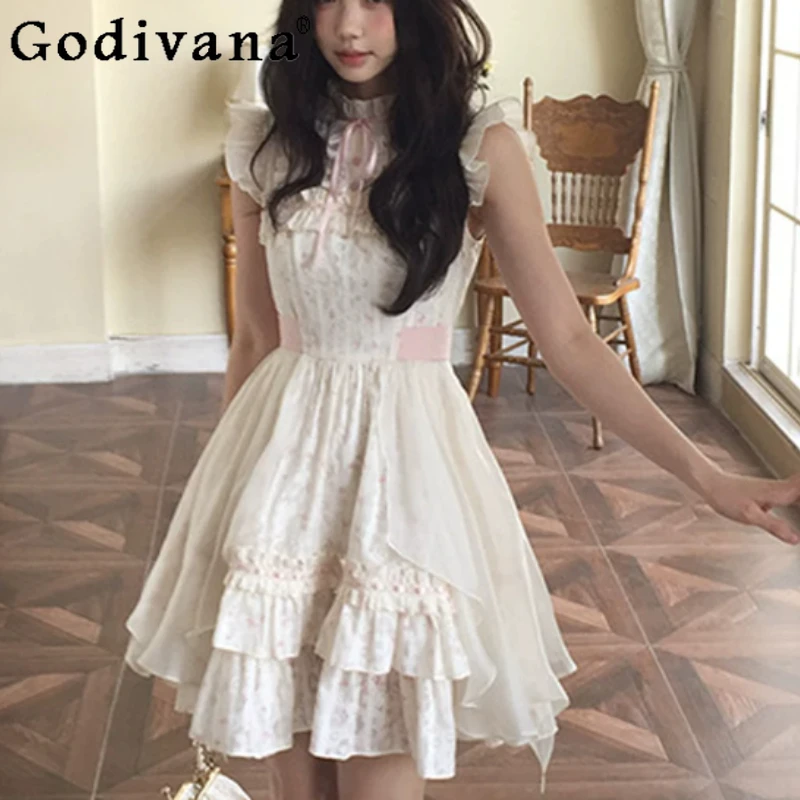 

Summer Japanese Sweet Floral Flying Sleeves Ruffles Dress Fashion High Waist A-line Age-reducing Stand Collar Cake Fairy Dresses