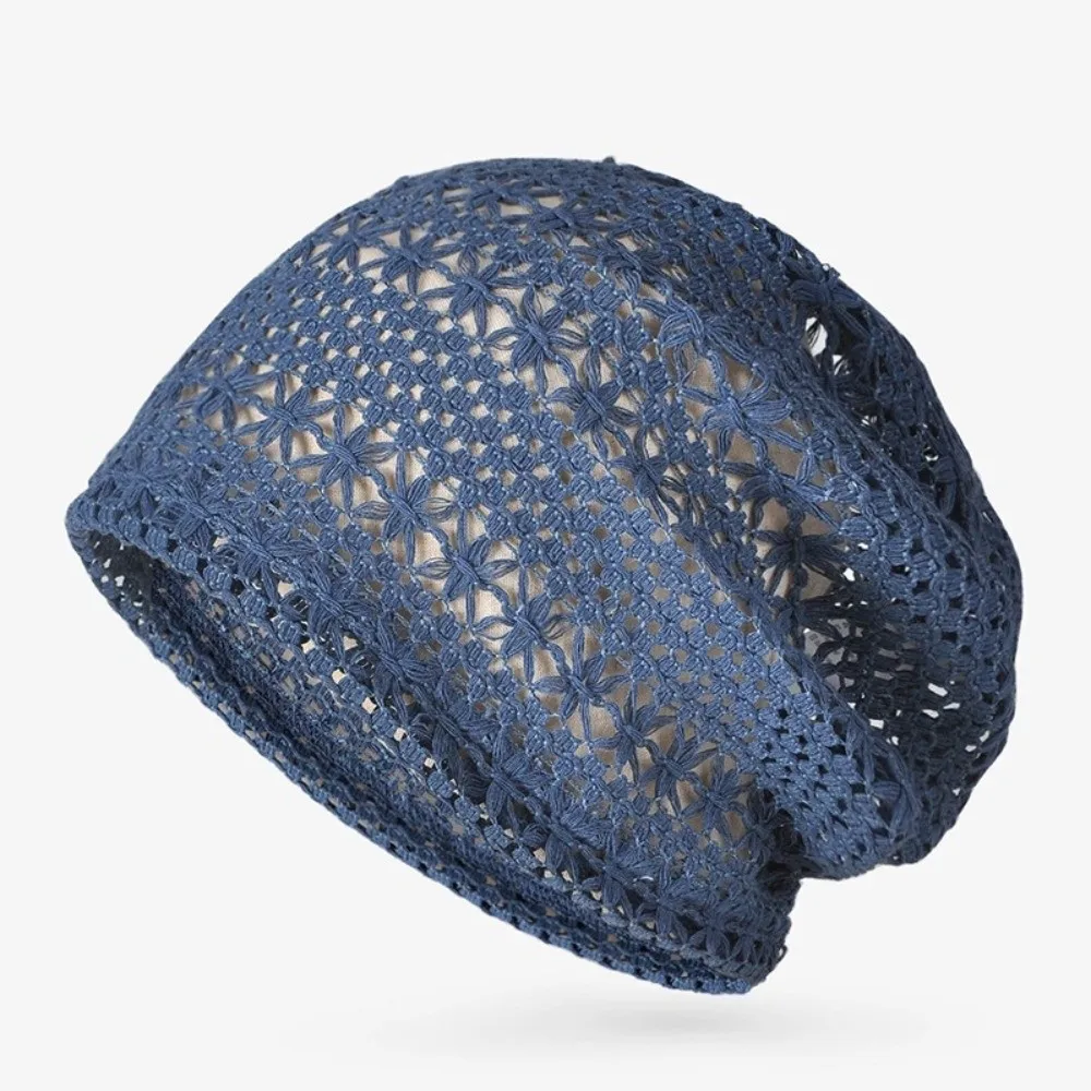 Ethnic Style Lace Breathable Hollowed Hat Soft Elastic Fit Openwork Knit Hat Striped Pattern Polyester Crochet Hat Travel Photo
