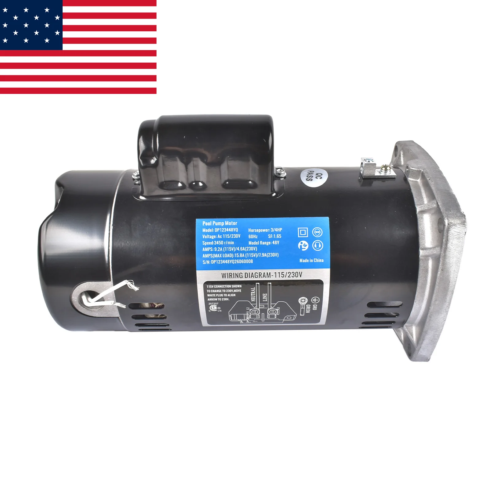 AP03 Swimming Pool Water Pump Motor SQ1072‑PS‑200 3/4HP 115/230V for In‑Ground Pool