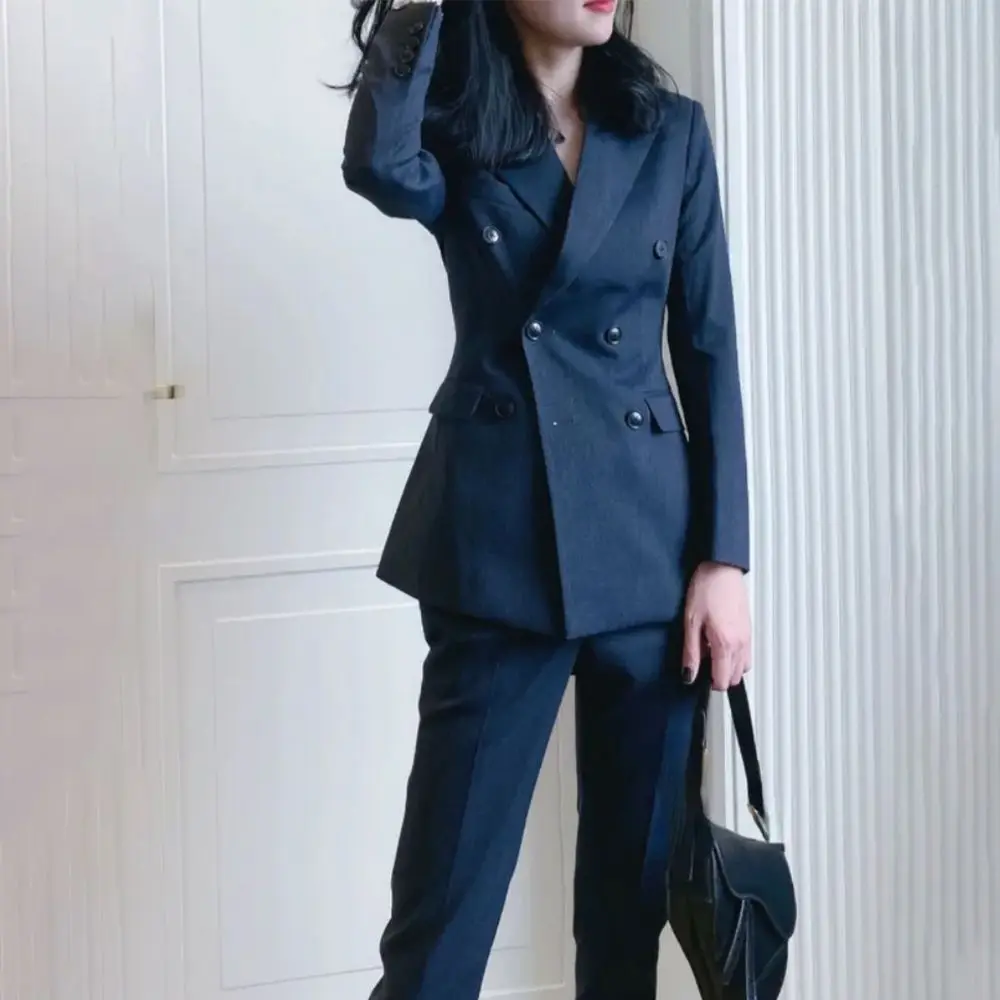 2023 Women's Suit Spring Business Two-Piece Duble Breasted Fashion Casual Blazer Office Lady Solid Color Elegant Slim Fit Set