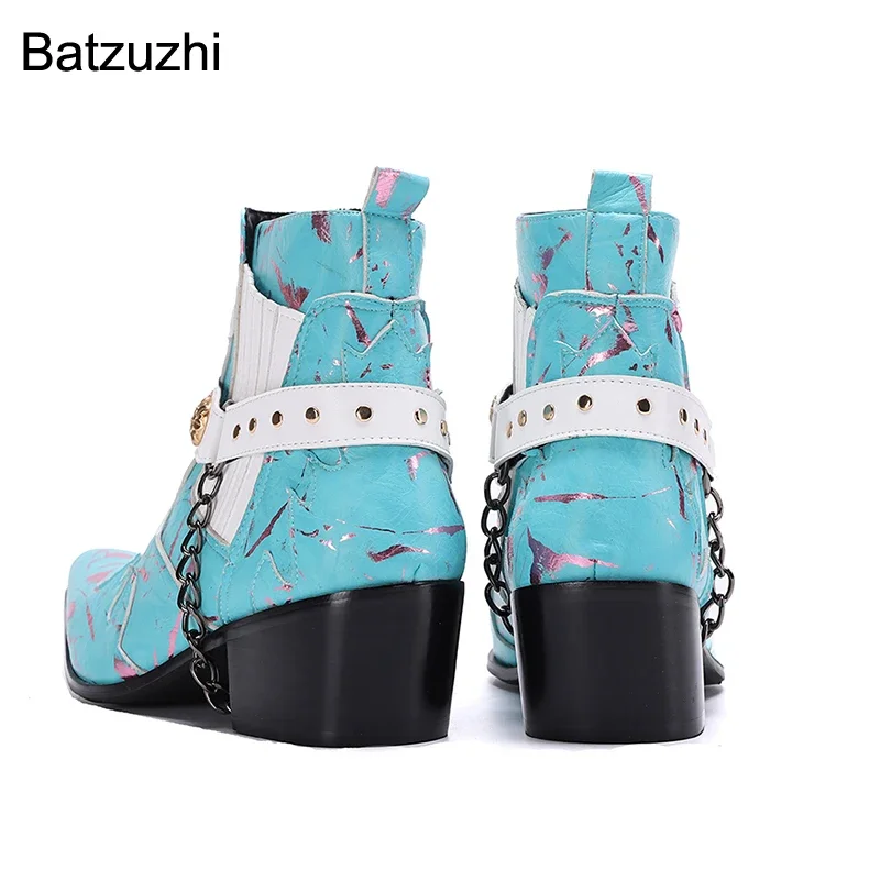 

NEW Western Cowboy Boots Men Rock Blue Leather Ankle Men's Boots with Chains and Rivets Motorcycle/Party Botas Hombre,38-46