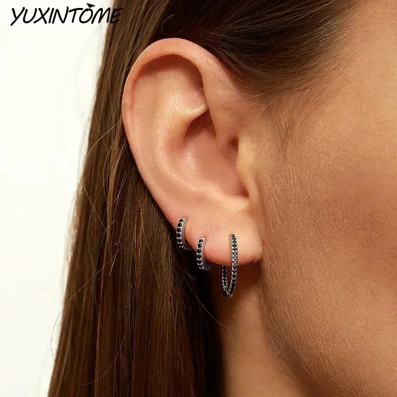 925 Sterling Silver Needle Punk Black Series Small Hoop Earrings for Women 24K Gold Earrings Trend Jewelry Ear Accessories