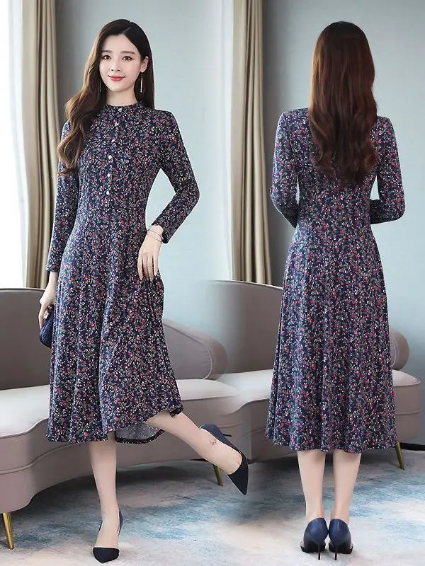 Spring Autumn Long Sleeve Midi Dress Fashionable Midlife Mommy Style Slimming Elegant Korean Commuter A-Line Dress
