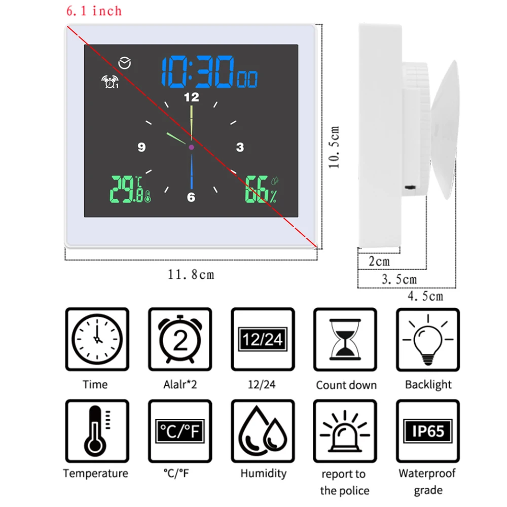 Bathroom Digital Clock Waterproof Temperature & Humidity Meter Thermometer Hygrometer LCD Display Upper/Lower Limit Dual Alarms