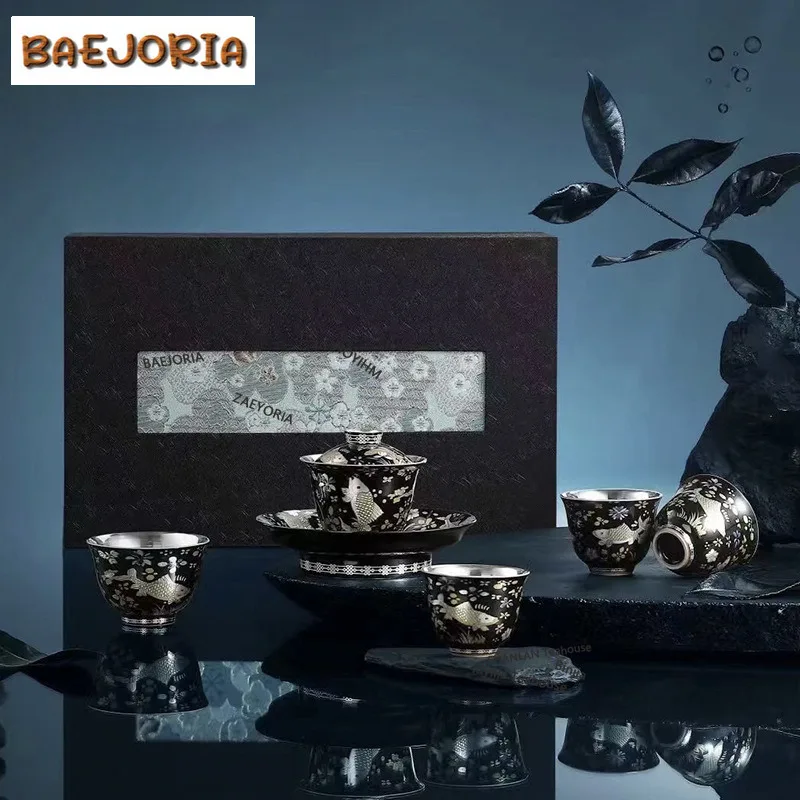 BAEJORIA Glod And Sliver Mix Fish Algae Pattern Cover Bowl Set Boutique Teapot Holder Zen Tea Ceremony Set 1 Bowl 4 Cups Teaware