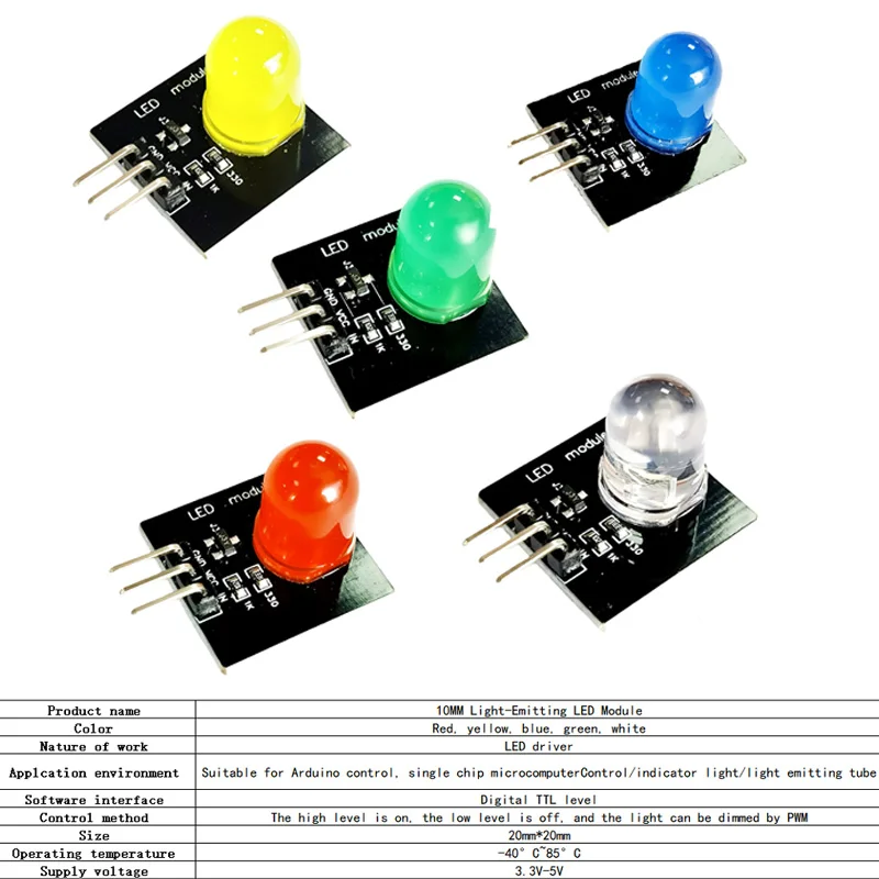5PCS 10mm Light-Emitting LED Module Sensor Luminous Diode Indicator Light DC3.3V-5VRed Yellow Blue Green White  For Arduino