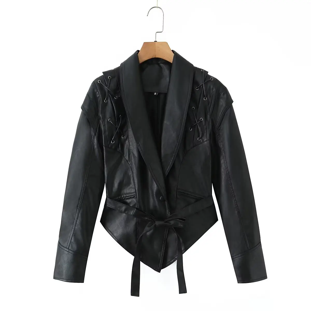 Giacca in Pelle da Donna alla Moda H2395, Versatile con Colletto Reversibile, Cintura, Stile Commuter, Antivento, Lunghezza Corta, Maniche Lunghe