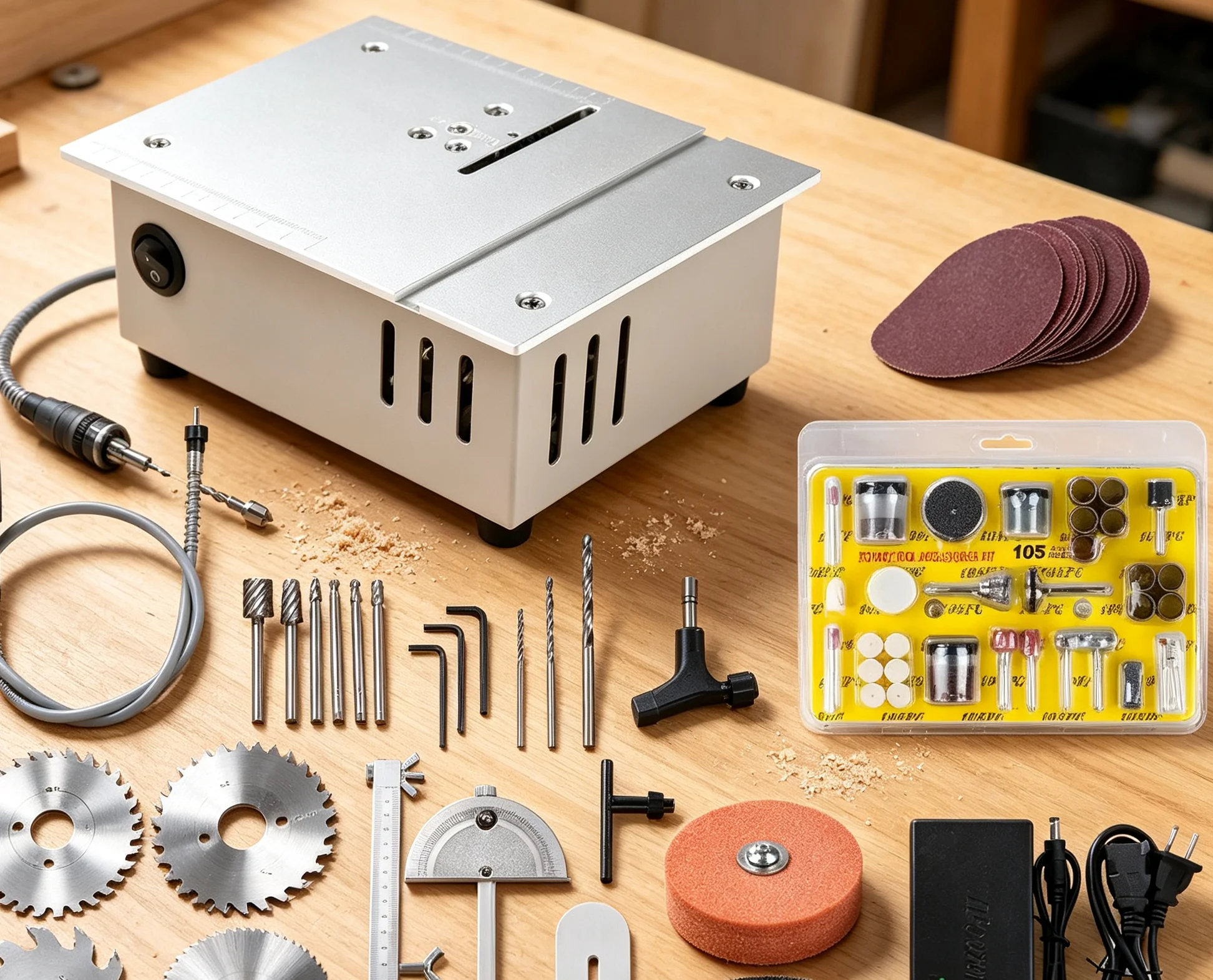 96W Portable Mini Precision Table Saw 7‑Speed Dual Motor 0.1‑15mm Adjustable Cutting Height DIY Cutter With 4 Saw Blades