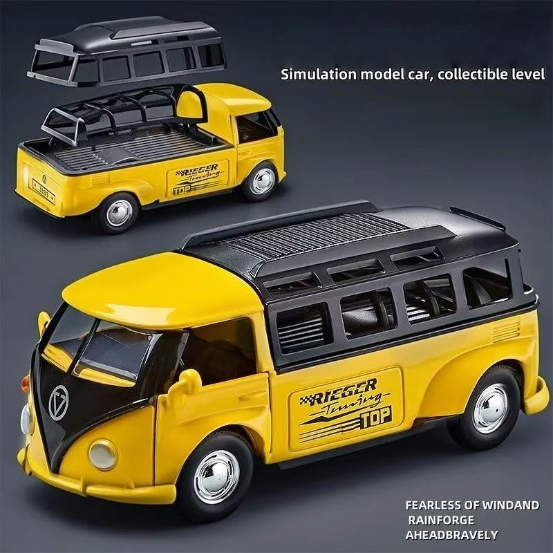 Modelo de carro de simulação em escala 1:36 - ônibus retrô pull-back de liga amarela/azul/verde com portas aberturas e compartimentos removíveis