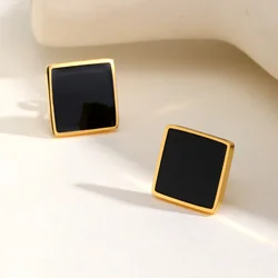 Black Square Stud Earrings for Men Boys,Casual Stainless Steel Earrings with Butterfly Earplugs,Stylish Jewelry Gifts