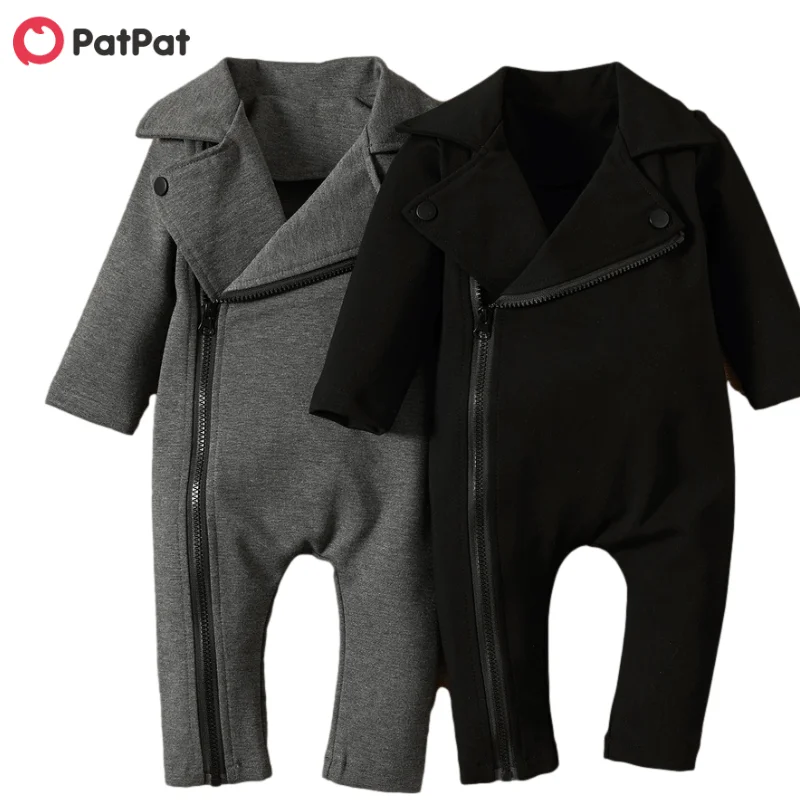 PatPat New Spring And Autumn Baby Gentleman Solid Jumpsuit for Baby Boy Bodysuits Clothes Solid Big Lapel Long-sleeve Jumpsuit