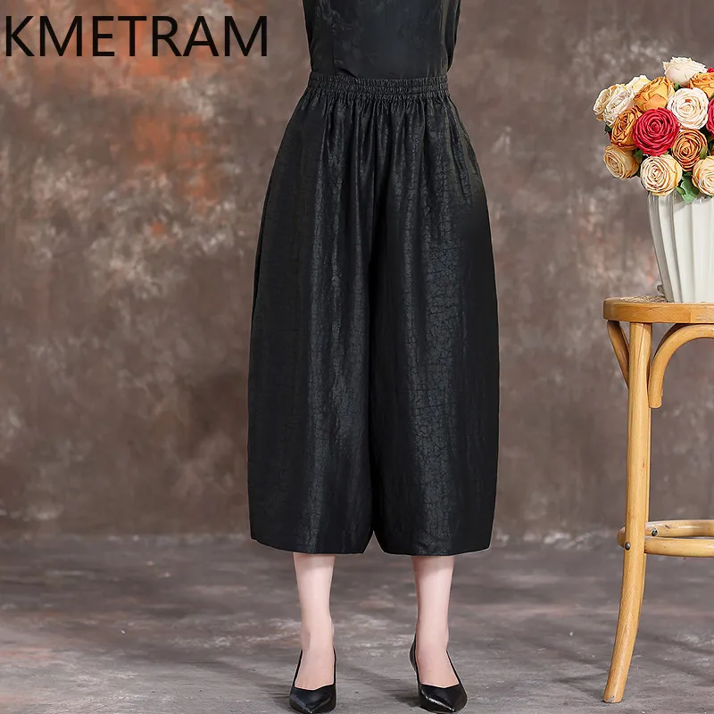 KMETRAM 100% Real Mulberry Silk Trousers Women 2026 Spring Elastic Waist Calf-length Wide-leg Pants Clothes for Woman Ropa Mujer