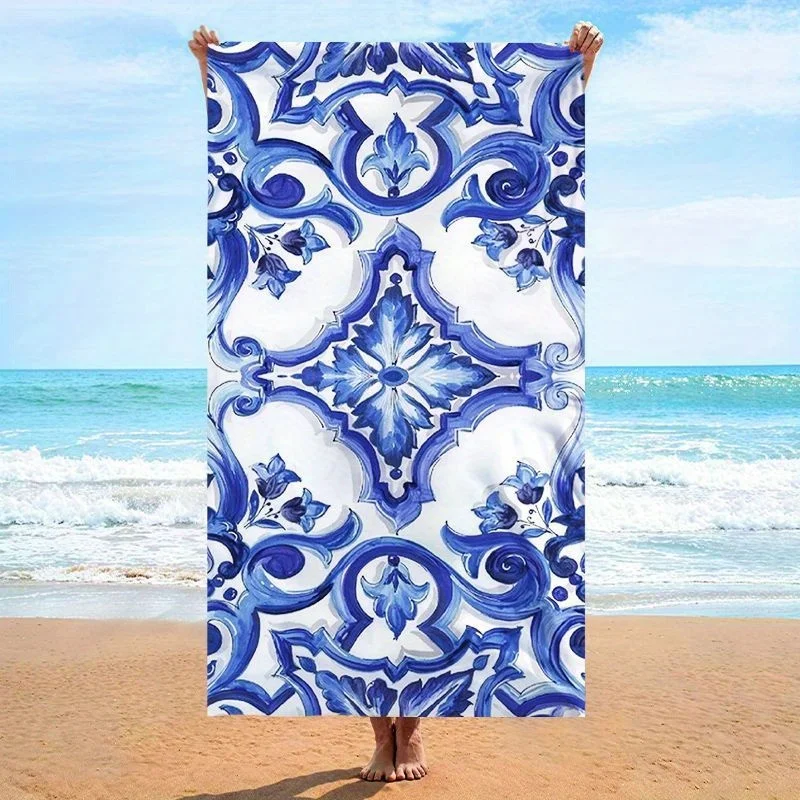 Beach Towel Blue And White Floral Print Pattern Sun Protection And Windproof Suitable For Swimming Pool Camping Travel Blanket